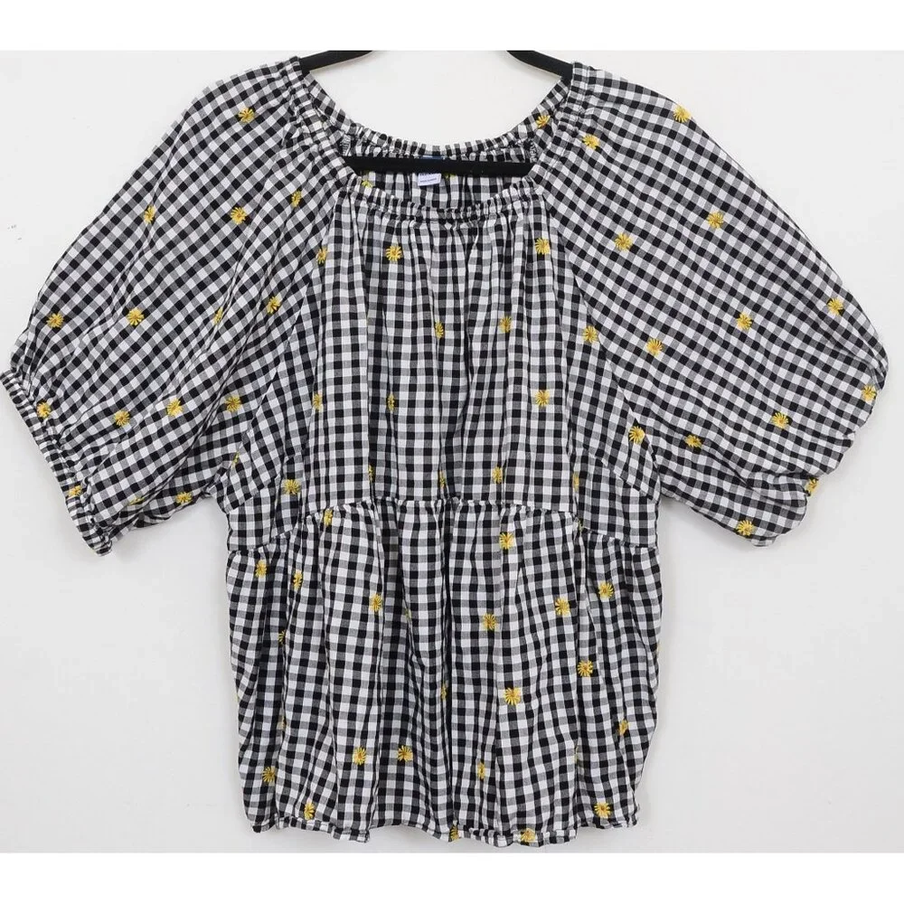 Old Navy PLUS XXL Gingham Floral Daisy Embroidered Puff Sleeve Babydoll Top